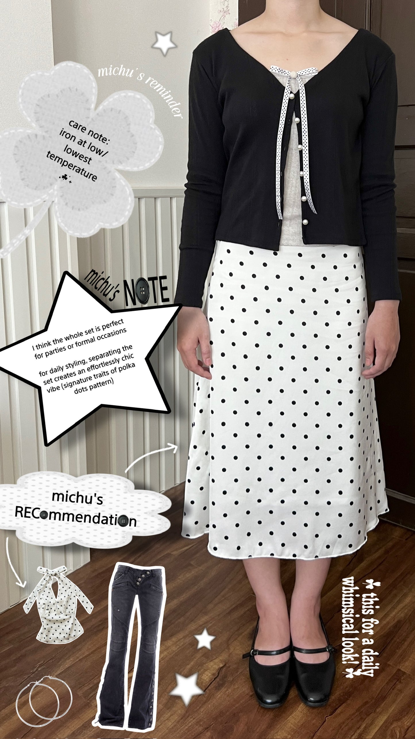 Polkadots satin skirt (white)