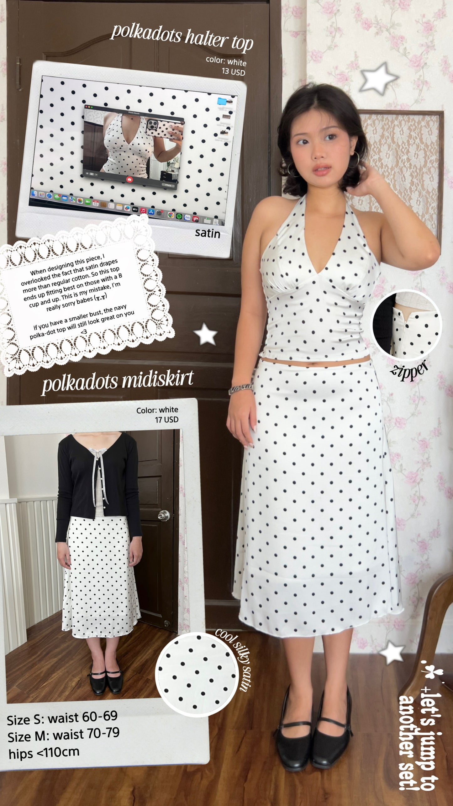 Polkadots satin skirt (white)